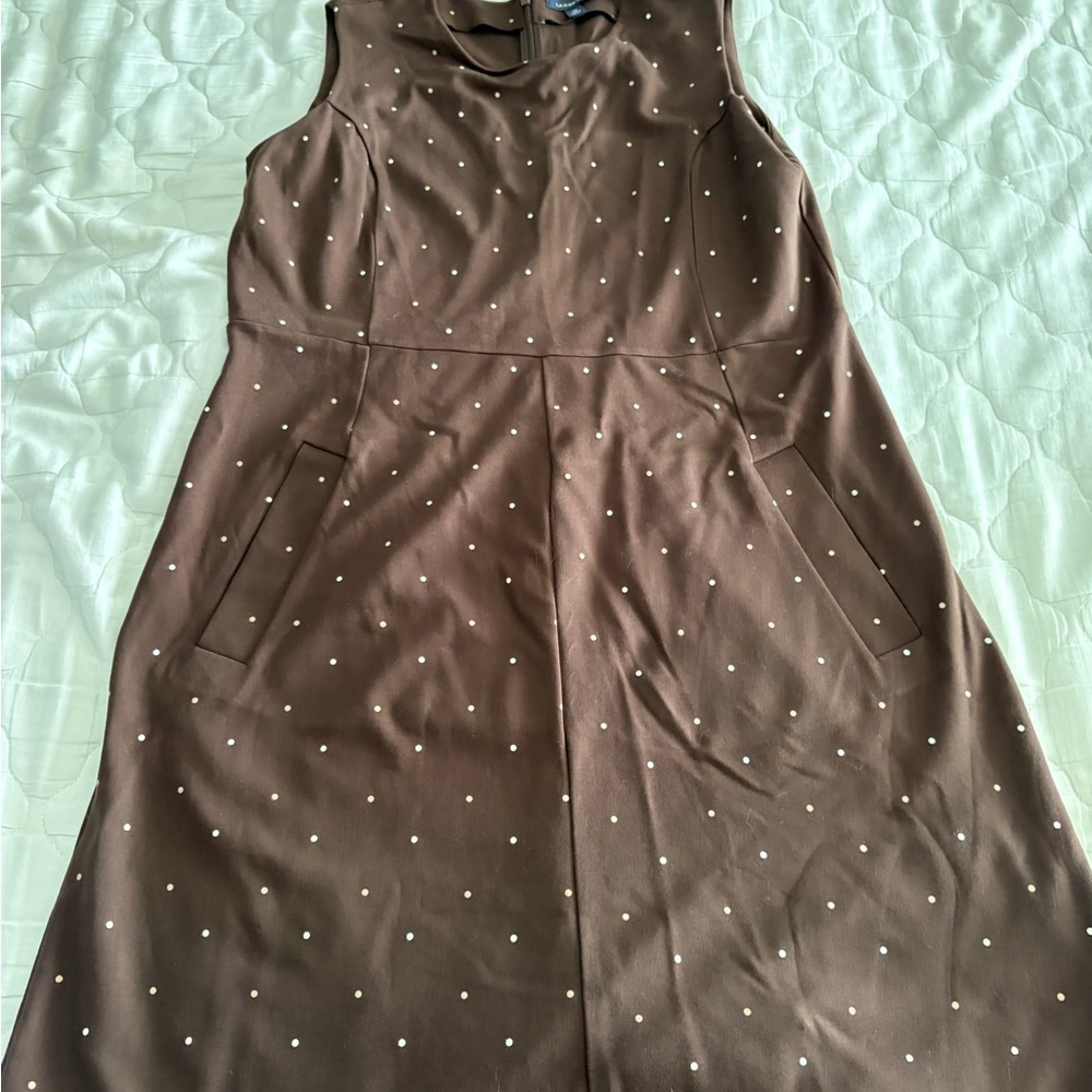 Lands' End Brown Midi Dress with White Polka Dots and Pockets